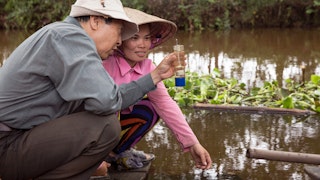 Two people in a rice field look at a water sample